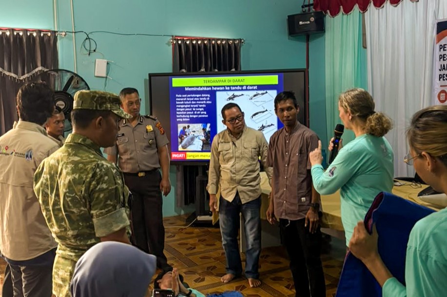 Foto 3. Partisipan pelatihan serius menyimak teori dalam menangani pesut terdampar di darat. (Foto oleh: Roni Irfan/Kampung Minta)