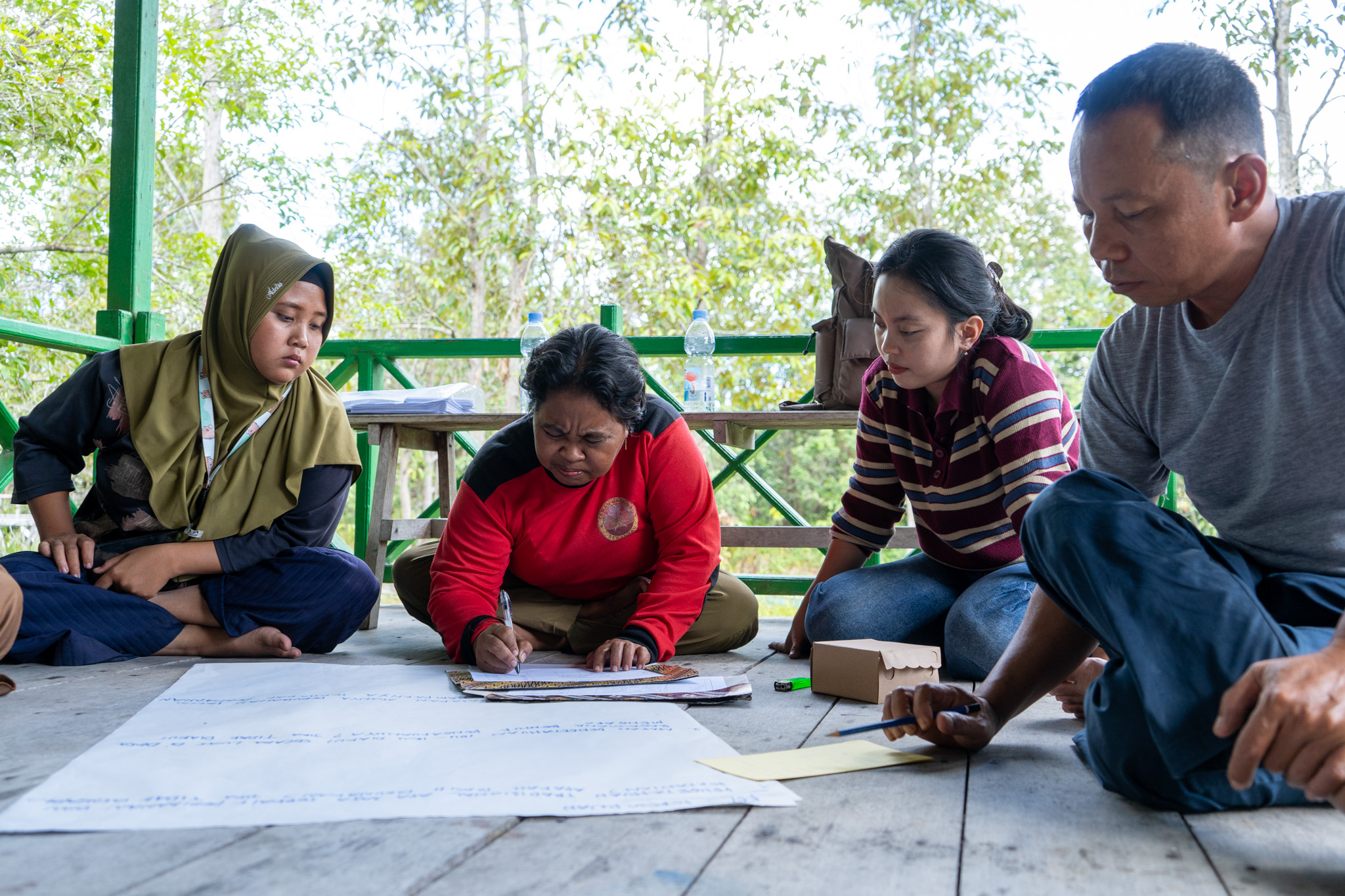 Photo 9. Nur Santi (center, wearing red) is writing down the answers from her discussion group members.